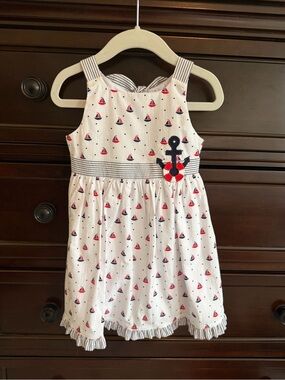 Florence Eiseman White Dress with Red & Navy Sailboat Print